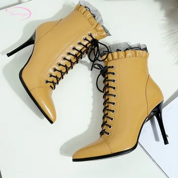 

British cosplay sexy pointed toe natural leather ankle boots lace-up ruffles high-heeled stiletto heels women's riding boots