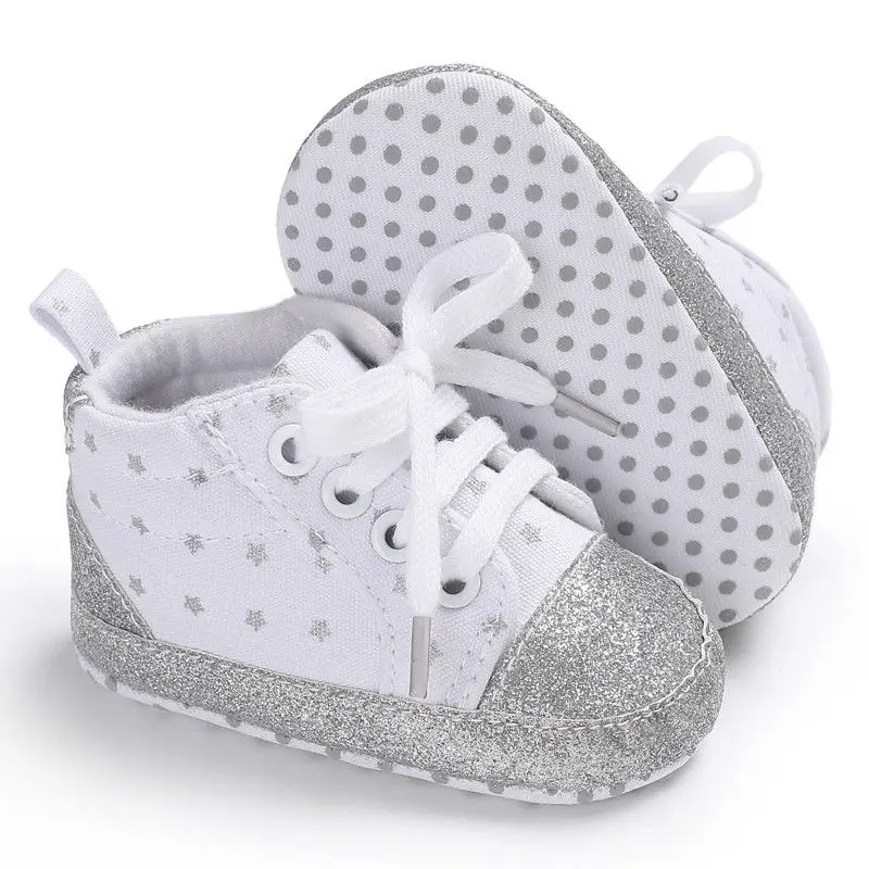 Фирменная Новинка для новорожденных Для маленьких мальчиков для девочек мягкая подошва парусиновая обувь коляску обувь кроссовки 0-18 месяцев звезды первые ходоки