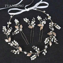 TUANMING 4PCS/Set Gold Wedding Bride Hair Jewelry Pearl Rhinestone Leaves Tiara Headband Flower Hair Band Women Hair Accessories