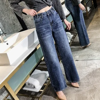 

Nonis Women High Wiast Chic Vintage Jeans Female Wide Leg Loose Slim Straight Long Denim Pants No Stretch 2019 Casual
