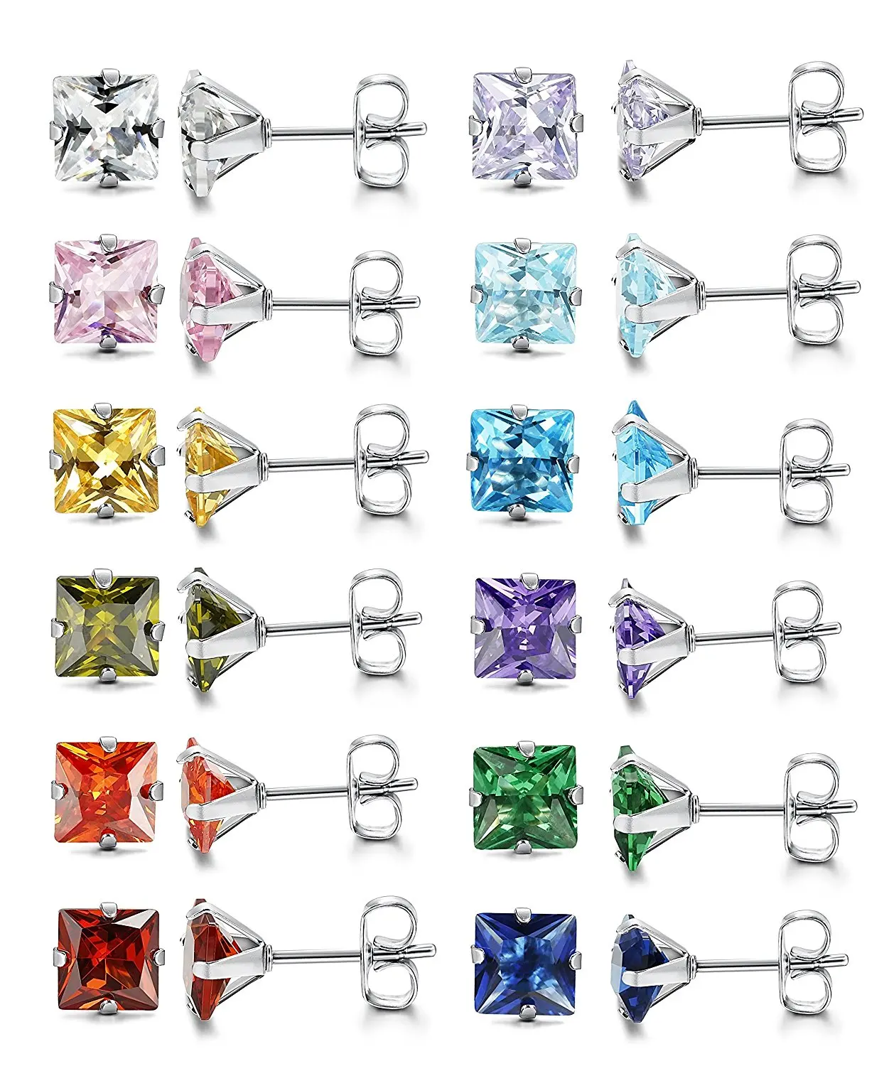 Boniskiss 12 Pairs Of Square Cubic Zirconia Stud Earrings Set Stainless