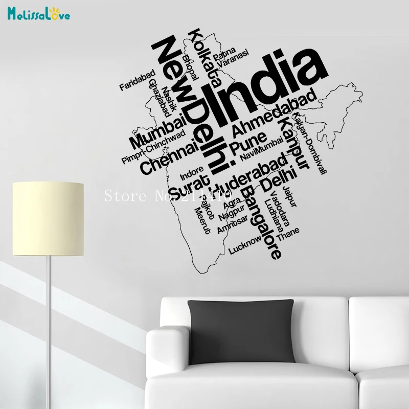 Palabras India Mapa Vinly Etiqueta De La Pared Nueva India