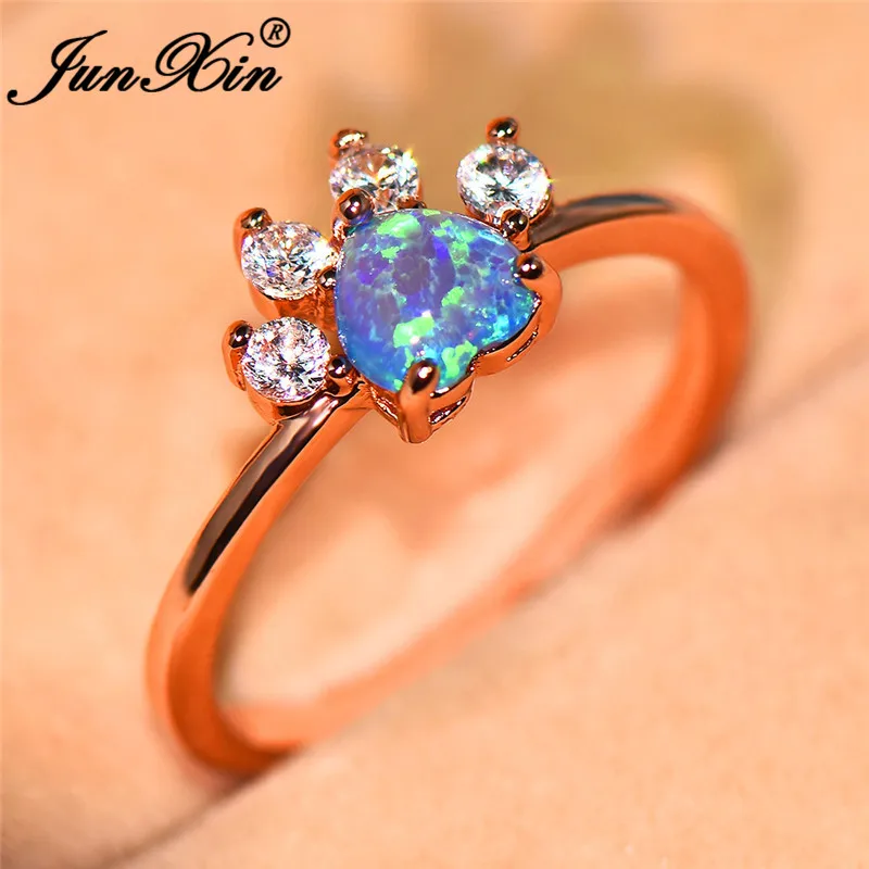 Dainty Rainbow Animal Bear Dog Cat Paw Rings For Women Rose Gold Blue White Purple Fire Opal Ring Wedding Band Thin Ring Jewelry
