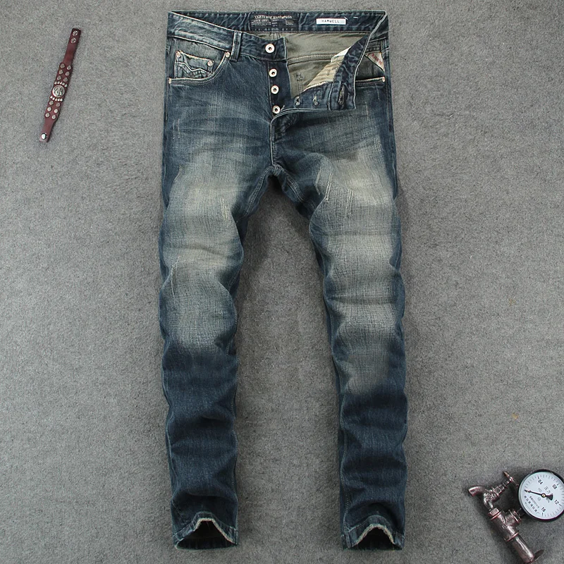 

Italian Retro Design Men Jeans Vintage Washed High Quality Denim Stripes Jeans Mens Pants Buttons Street Skinny Biker Jeans Men