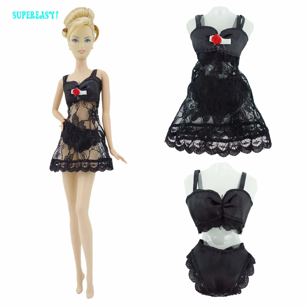 Черное сексуальное женское белье, Пижама Ночное кружевное платье+ бюстгальтер+ нижнее белье одежда для Барби кукольная юбка одежда