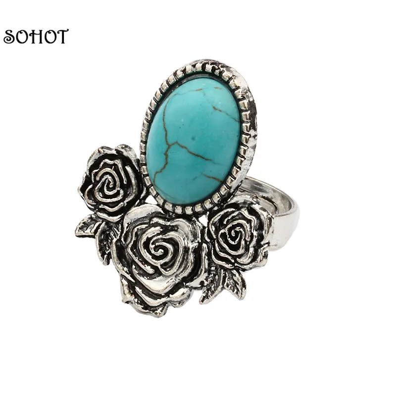 

SOHOT Vintage Romantic Natural Blue Stones Rose Flowers Finger Ring Adjustable Size for Women Party Jewelry Mother's Day Gifts