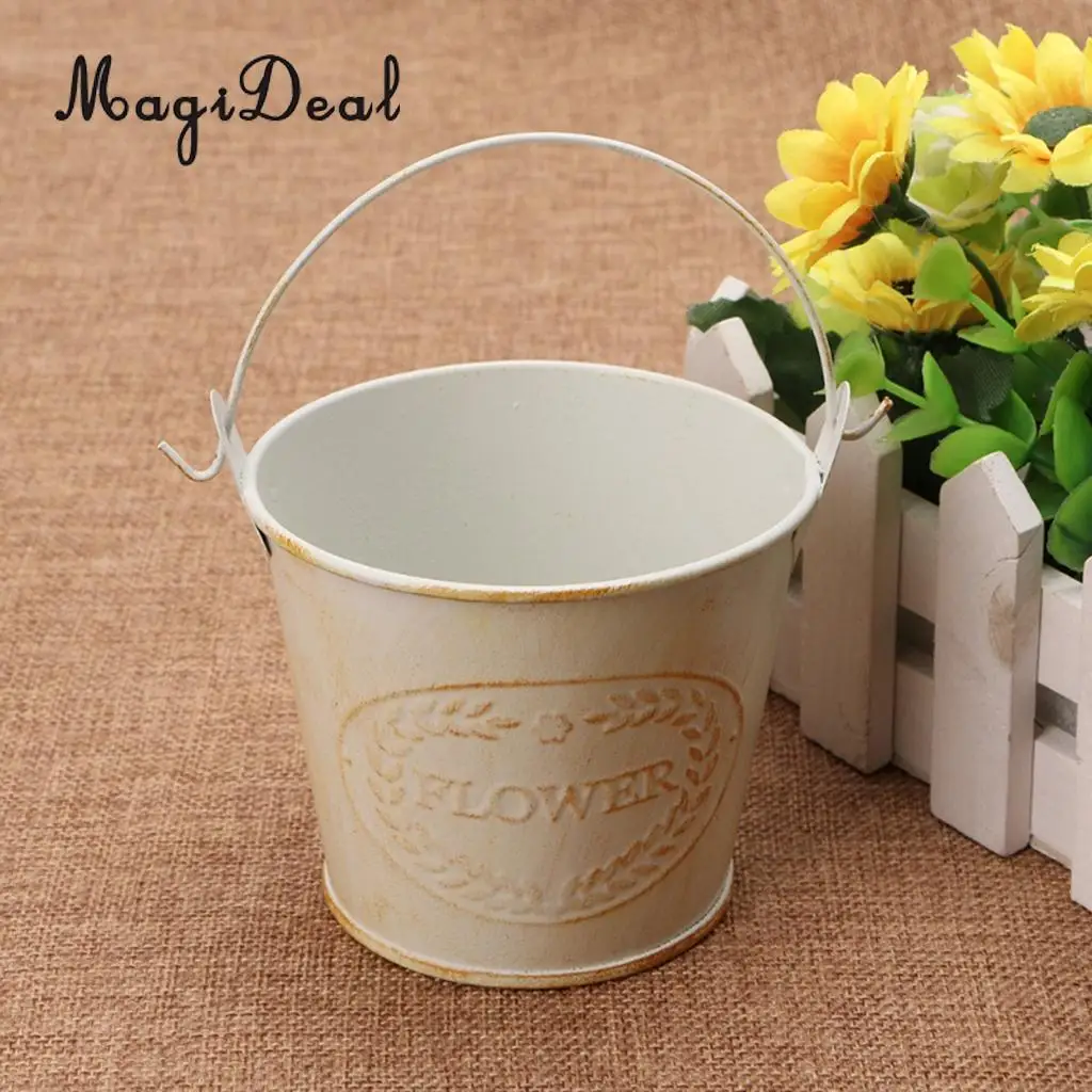 2pcs Round Galvanized Metal Buckets Plants Flower Decorative Vases with Rope
