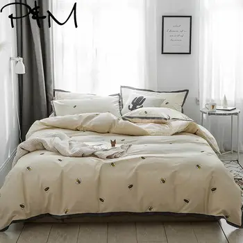 

Papa&Mima Little bee print fashion style cotton Queen King size Luxurious bedding set duvet cover flat sheet pillowcases