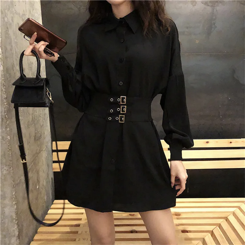

Sexy Loose Long Black Shirt Dress 2019 Spring New Fashion Mini Dress Long Sleeve French Retro Metal Buckle Waisted A Line Dress