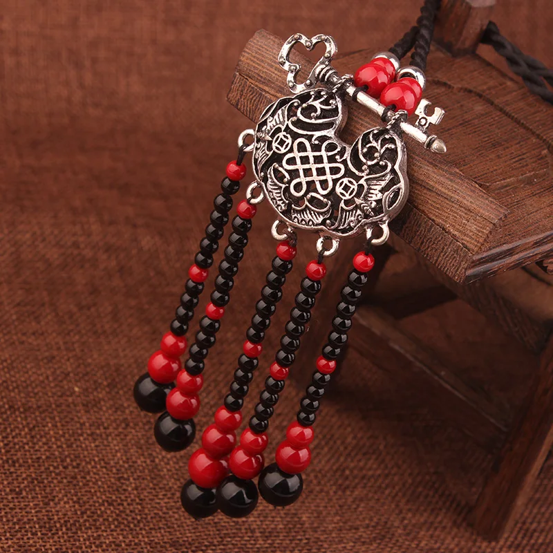 

Women ethnic gossip jewelry Long Life Lock pendants necklace,handmade Tibetan silver necklace,new Chinese wind tassel necklace