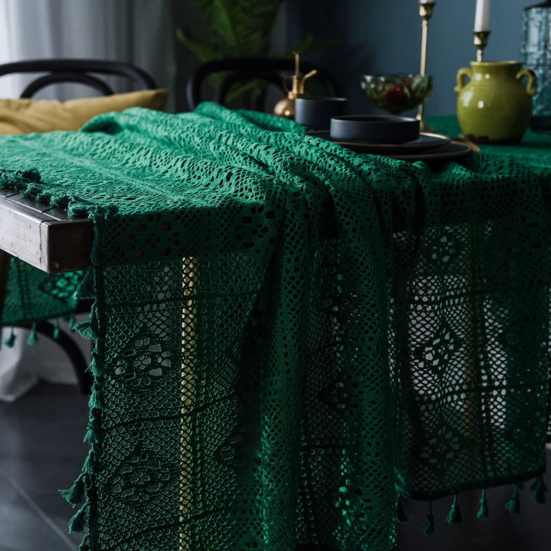 

Simanfei Table Cloth Dark Green Vintage Handmade Crochet Knitted Round Table Cover Hollow Art Decoration Living Room Tablecloth