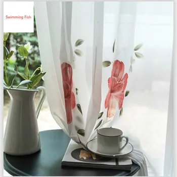 

Customize product decortation beautiful voile curtain,Hand-painted craft flower Chiffon curtains for living room,home blind