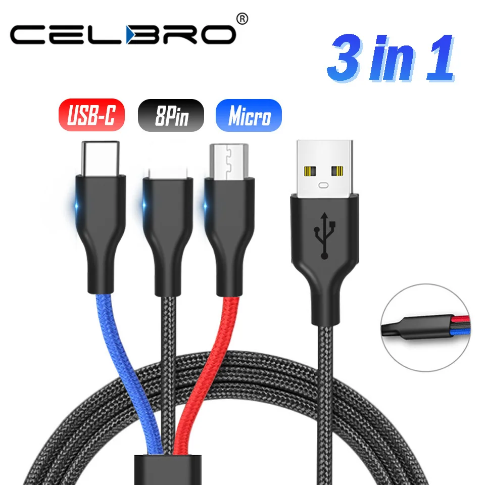 

3 in 1 Micro Usb Multi Cable Type c usb c For Huawei p30 pro Xiaomi k20 pro mi a2 lg stylos 3 Microusb Typec Cord Android Kabel