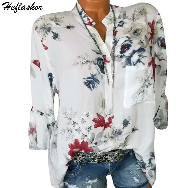 

Heflashor Women Retro Floral Printed Blouses Tops Spring Long Sleeve V-Neck Casual Shirts Ladies Blusas Plus size 5XL Camisas