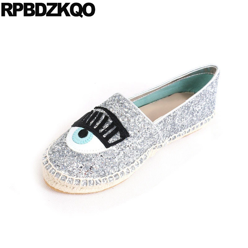 

Brand Designer Large Size Printed Flats Glitter Blue White Canvas Shoes Hemp Espadrilles Denim Sequin Eyelash Rope Women Jeans