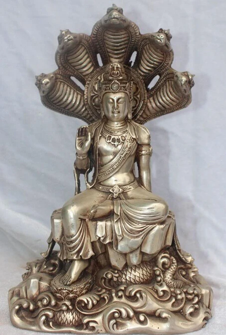 

12" Tibet Tibetan Buddhism Silver 5-Heads Snake Naga Kanya Goddess Buddha Statue S0708