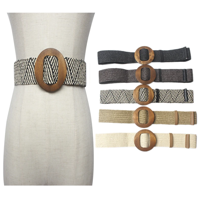 

Woman's Vintage Knitted Waist Belt Wax Rope Braiding women belt Round Buckle Skirt Belt Woven Female Elastic Braided Belt black