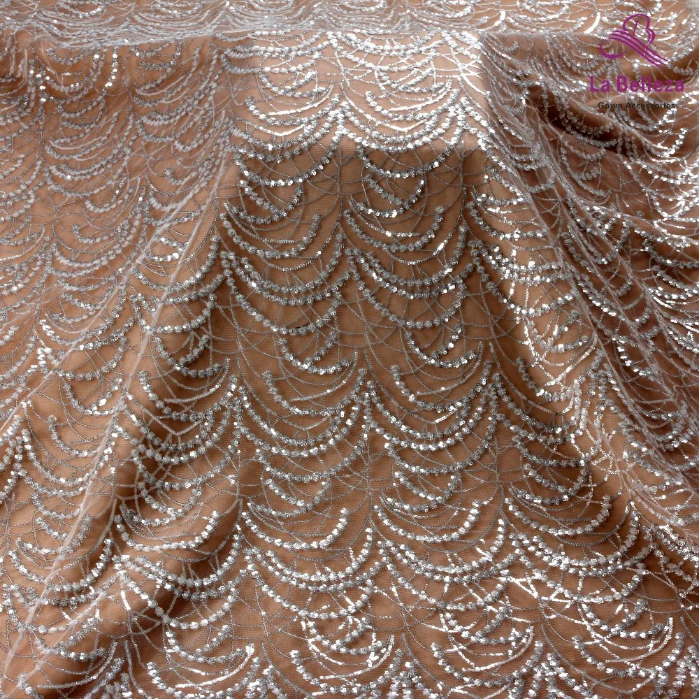 

La Belleza New sequins lace fabric clear silver shining wedding dress lace fabric 1 yard