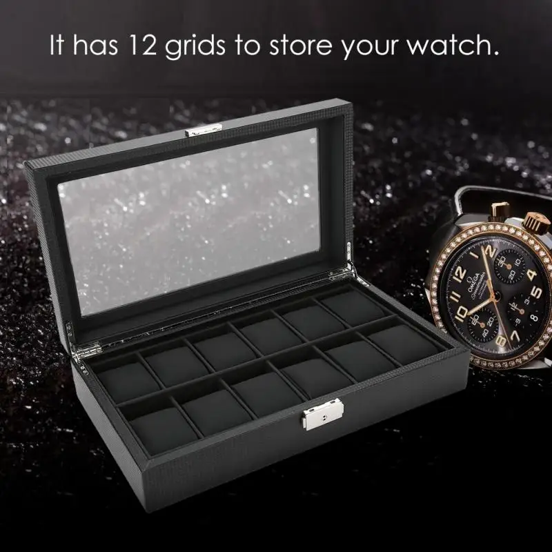 

Black Colors 12 Grids Watch Display Storage PU Carbon Fiber Leather Case Organizer Makeup Kits Tools