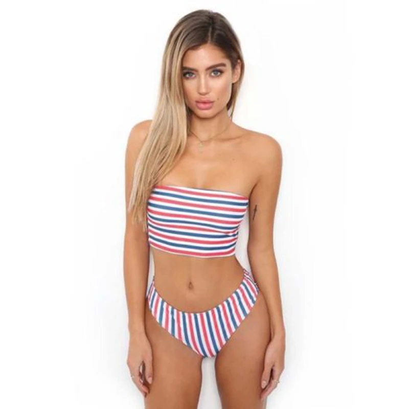 

2018 Women High Waist Strapless Push-up Padded Sexy striped Sun Wear Summer Red Blue Bikinis Set
