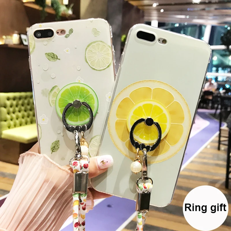 3D Fruit Cases For iphone 7 6 Case TPU Fundas For iphone 8 6s Se 5s 7 Plus Cover Bag With Ring Soft Back Phone Case Cute Rope q5