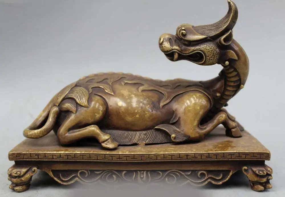 

7" Chinese Folk Feng Shui Pure Bronze Pi Xiu Unicorn Beast Animal Statue