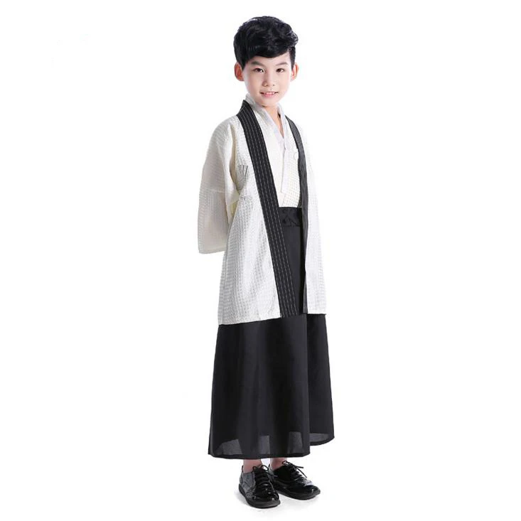 

New Beige Japanese Children Boys Kimono Child Warrior Novelty Swordmen Yukata Kid Stage Performance Clothing Cosplay Costume