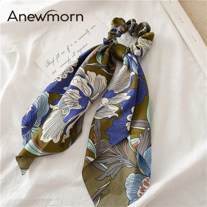 

Anewmorn Vintage Women Flower Print Hairbands Lady Fashion Big Bowknot Ribbon Ponytail Scrunchies Women Hair Accessories
