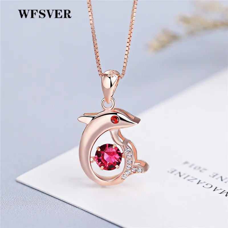 

WFSVER Women 925 Sterling Silver Jewelry Necklace Dolphin Shape Pendant WIith Red Crystal Necklace Female Fashion Jewelry Gift
