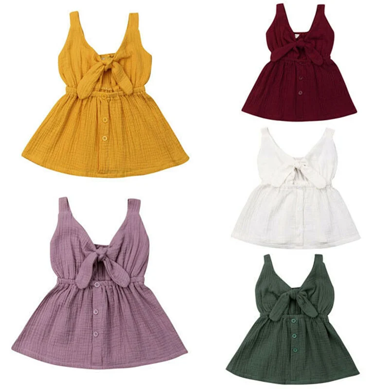 

Brief Kids Baby Girls Cotton Linen Sundress Solid Princess Sleeveless Bow V-Neck Mini Dress Girl Strap Button A-line Dress 6M-4Y