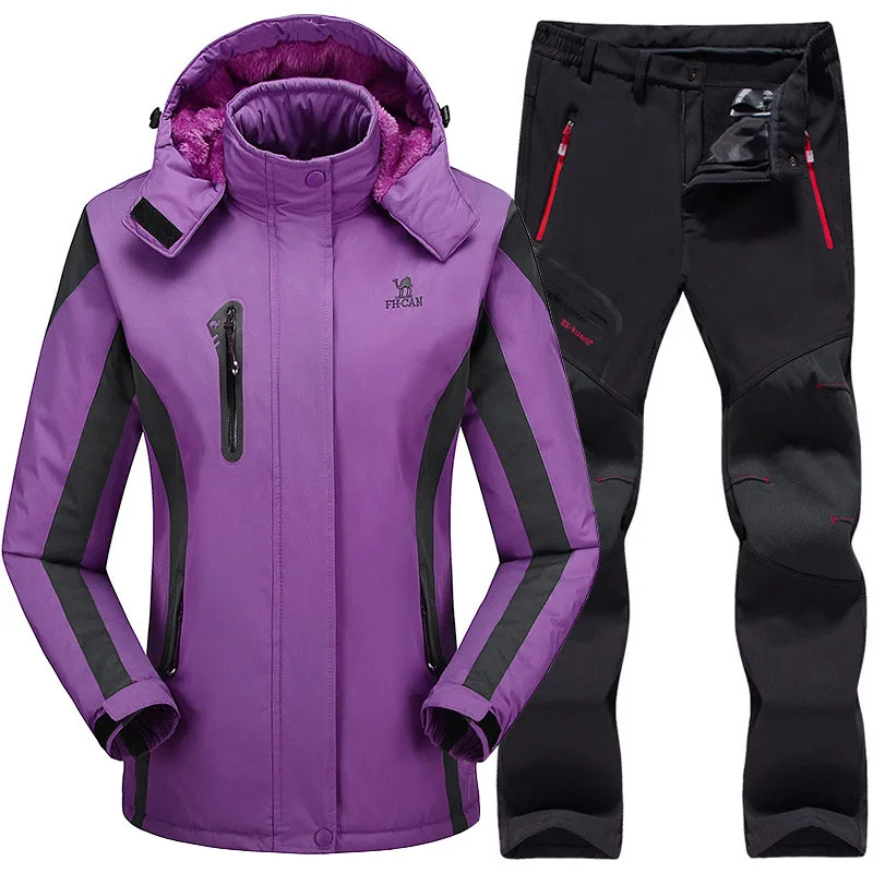 Ski Suit For Women Ski Jacket Pants Waterproof Mountain Skiing Suit Snowboard Sets Winter Outdoor Sports Fleece Thermal Clothing - Цвет: Purple