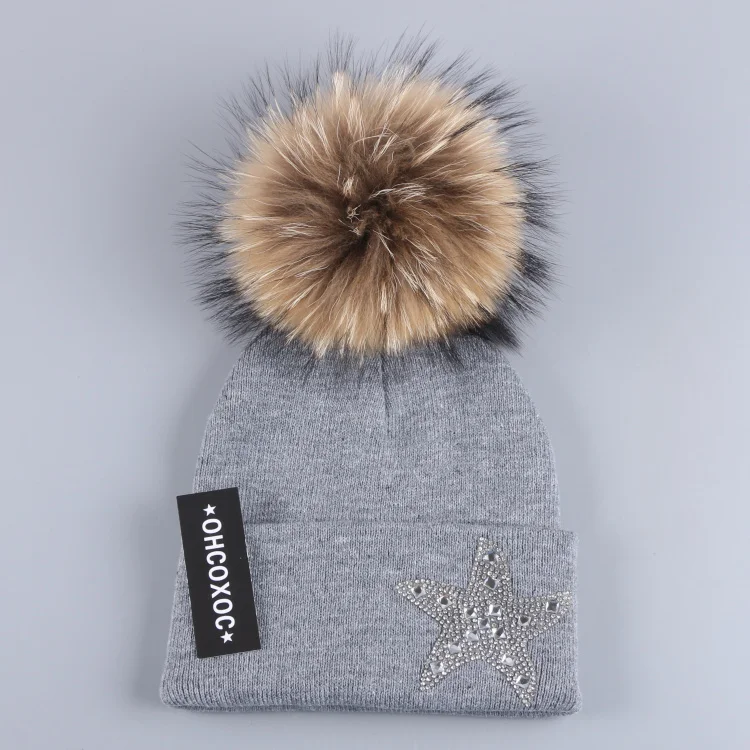 Женская зимняя шапка со звездами, фирменные шапочки, настоящие животные, мех норки, лисы, помпоны, украшенные шариками, одноцветные, сохраняющие тепло, толстые зимние шапки - Цвет: Mink Pom grey