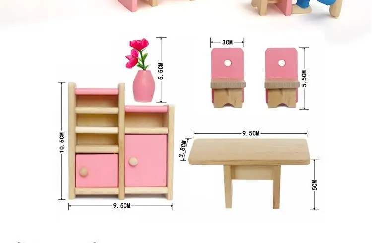 6 rooms children whole set wood pink furniture doll house toys/ Kids girls birthday gifts of wooden kitchen bathroom bedroom toy