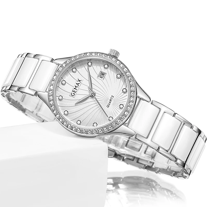 GEMAX новые модные женские кварцевые часы со стразами платье для девочек наручные часы женские керамические Роскошные Топ Брендовые Часы MX8103