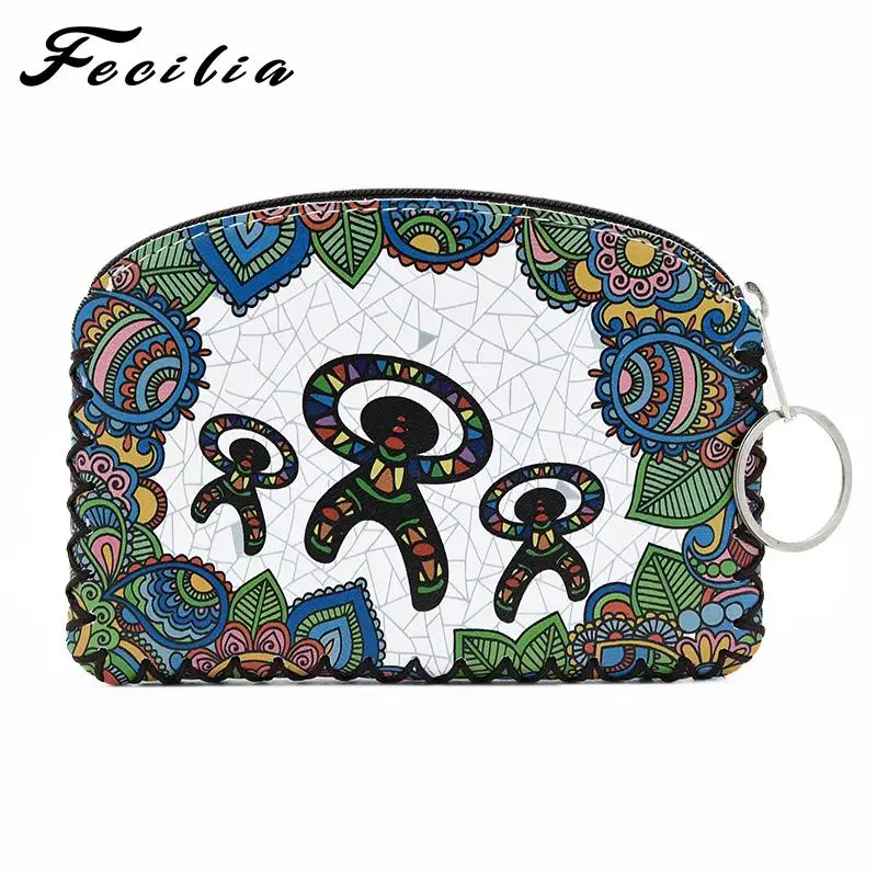 Fecilia Women Coin Purse Cute Printing Retro Ladies Small Wallet Pocket Headset Line Pouch Credit Card Holder Lipstick Bag Gift