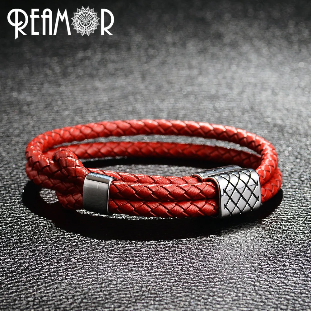 

REAMOR 3 Colors Trendy BV Style Male Bracelets 316L Stainless Steel Adjustable Double Braided Leather Rope Men Bracelet Jewelry