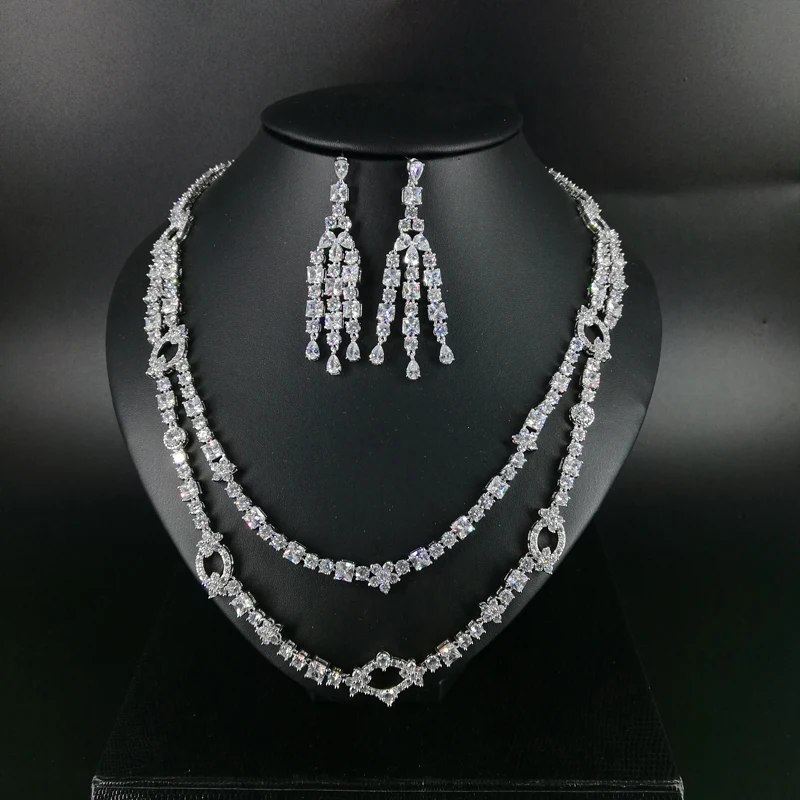 

New fashion Vintage double layer crystal zircon necklace earring wedding bride banquet dressing dinner jewelry set,free shipping