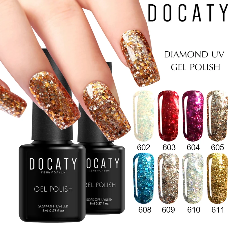 Алмазный Блестящий Гель лак Docaty для дизайна ногтей маникюра УФ светодиодные гель