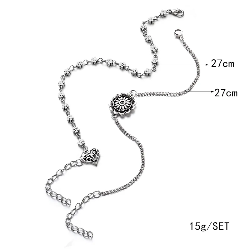 Женский браслет на щиколотке с резным сердцем и цветком Tobillera boho, винтажная Серебряная цепочка на ногу, ювелирные изделия, женские браслеты