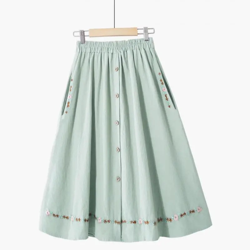 

New Women Vintage Skirt 2019 Summer Slim A-line Flower Embroidery Long Skirts Ladies High Waist Casual Skirt
