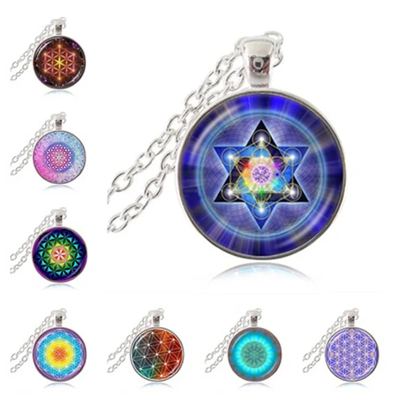 

Sacred Geometry Photo Necklace Flower of Life Pendant Hexagon Geometric Jewelry Om Chakra Sweater Necklace Reiki Healing Choker