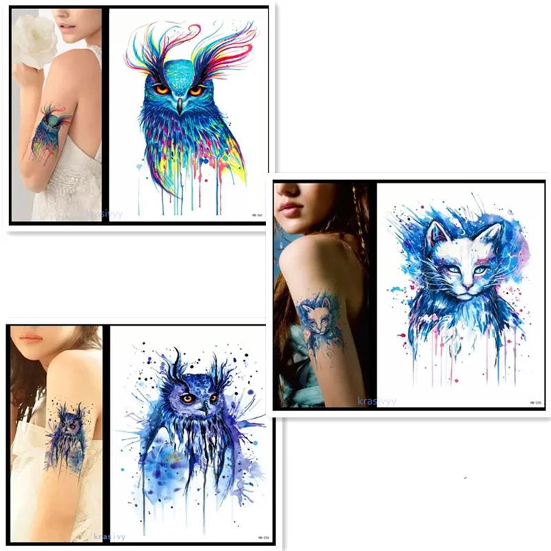 Временные тату наклейки flash tattoo новая мода 3 шт. синяя кошка Сова паста макияж для