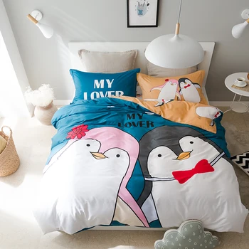 

yeeKin Lover penguin Cartoon Kids Bedlinen,Flat & Fitted Bed sheet Type Child Penguin couple Duvet Cover Sets Queen Twin Siz