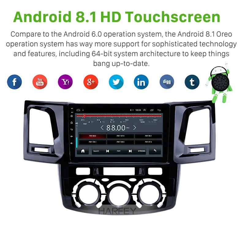 Best Harfey 9 inch Android 8.1 Radio for 2008-2014 Toyota Fortuner/Hilux Manual A/C Left Hand Driving Car GPS support Carplay 2din 2