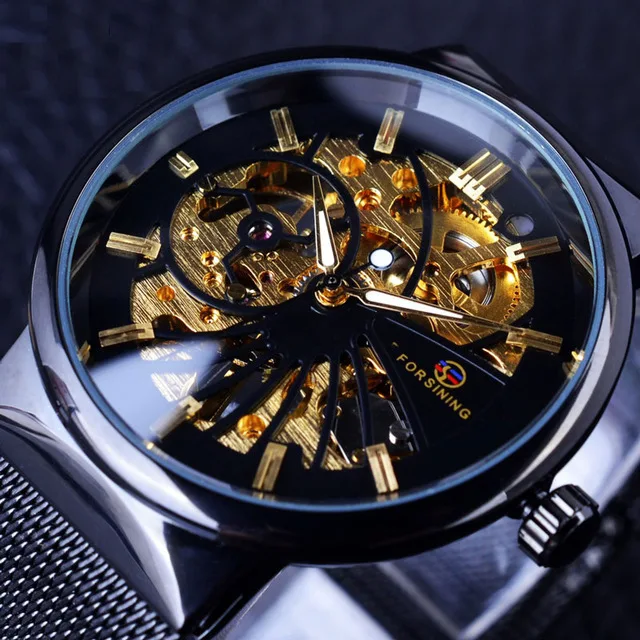 

New WINNER Top Brand Men Automatic Mechanical Watch Mens Fashion Skeleton Business Wristwatch Stinless Steel Mesh Belt Relogio
