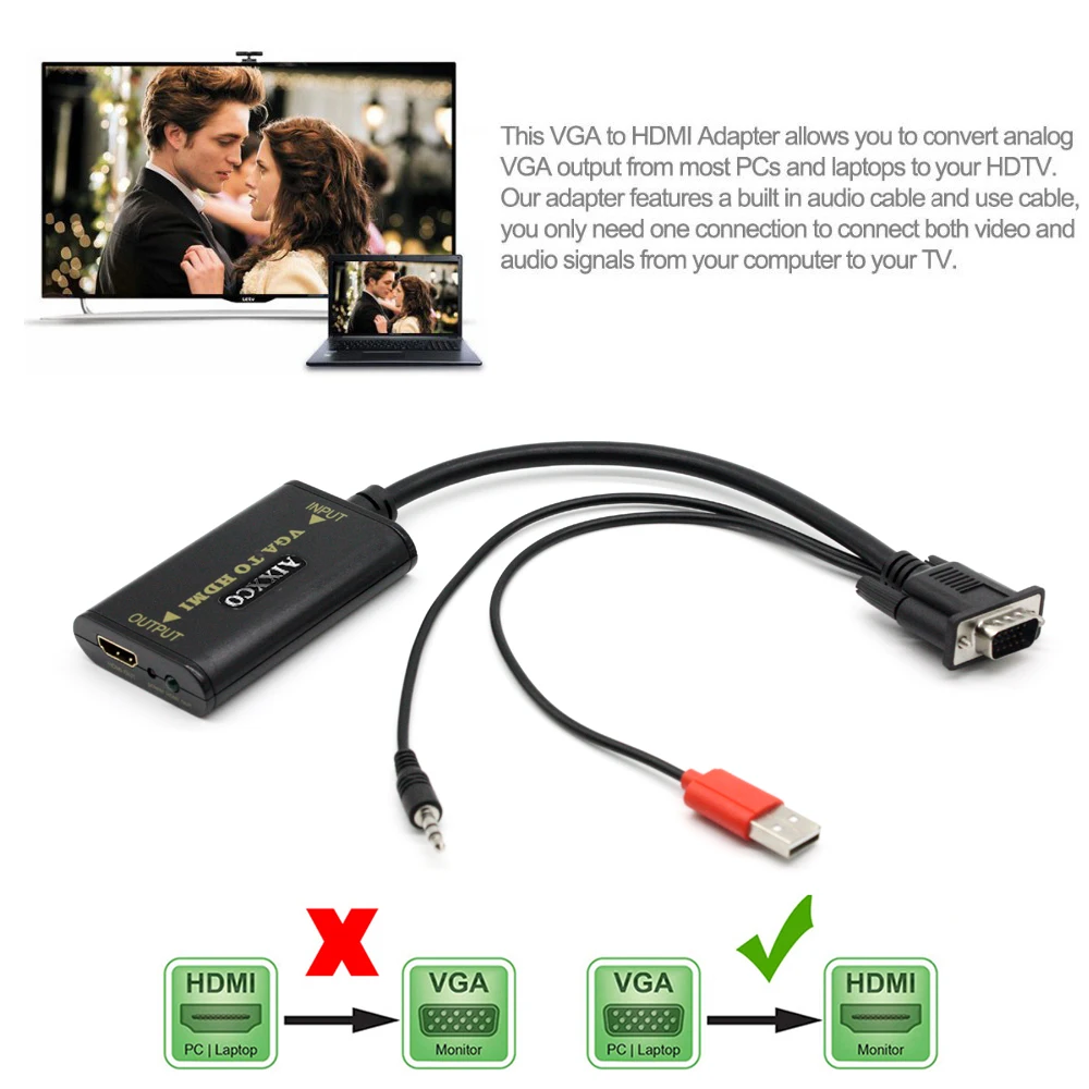 Цена AIXXCO качественный портативный штекер и воспроизведение VGA в HDMI выход 1080P HD аудио ТВ AV HDTV PC видео кабель VGA2HDMI конвертер адаптер