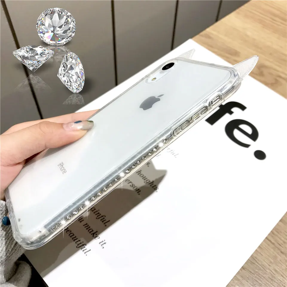 Крой Мультяшные кошачьи уши Алмазный чехол с блестками для iphone XS MAX XR 6 6s 7 8 X Plus
