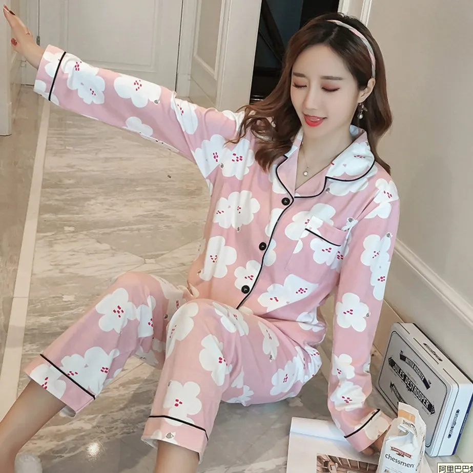 

Women Pajama Sets 2018 Autumn winter Cotton Cartoon Warm Pyjamas Women Homewear Animal Sleepwear Cat female pajama
