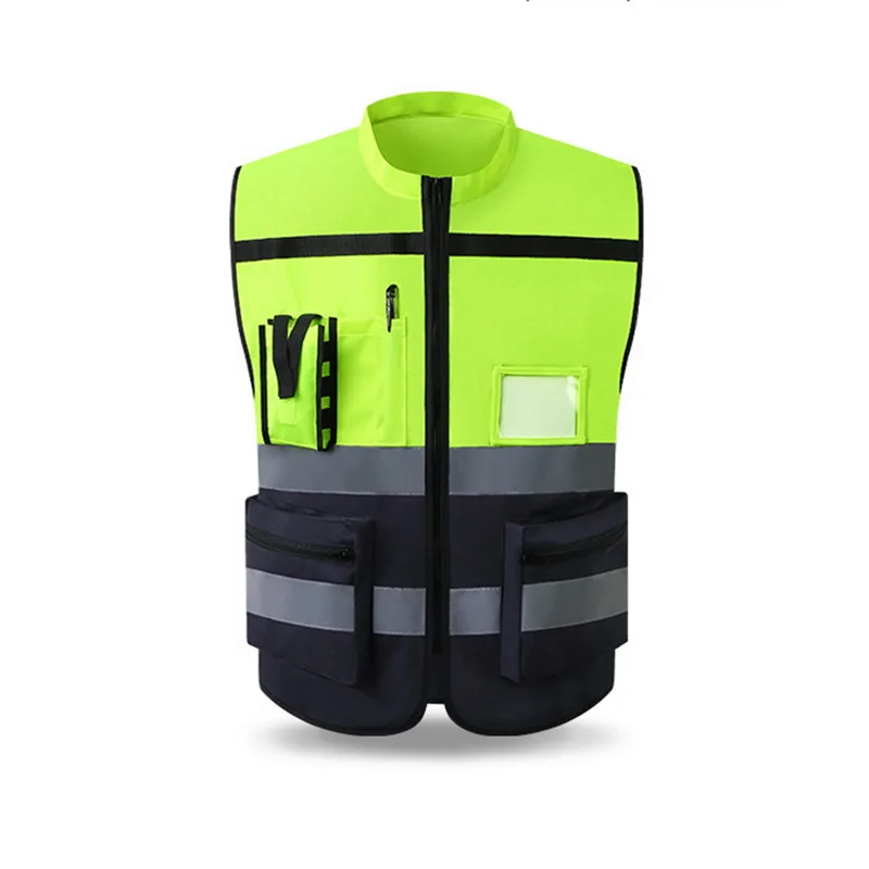 Drop shipping adisputent High Visibility Zipper Front Safety Vest Reflective Strips with Multi Pockets Safety Vest