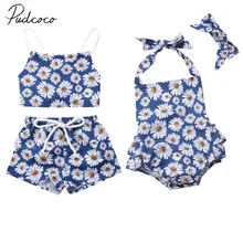 Фирменная Новинка 0-24 м летние Одежда для новорожденных девочек 2 шт. подсолнухи Дейзи печати пояс назад жилет топы+ шорты или комбинезон+ повязка на голову